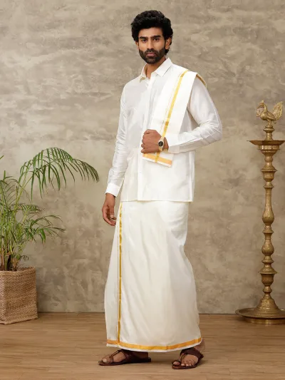 Men Art Silk Cream Dhoti Shirting & Towel Set Subamangalam 50k